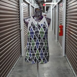 Ann Taylor White Blue Green Patterned Tank w Front Cut Out Preppy Old Money Chic